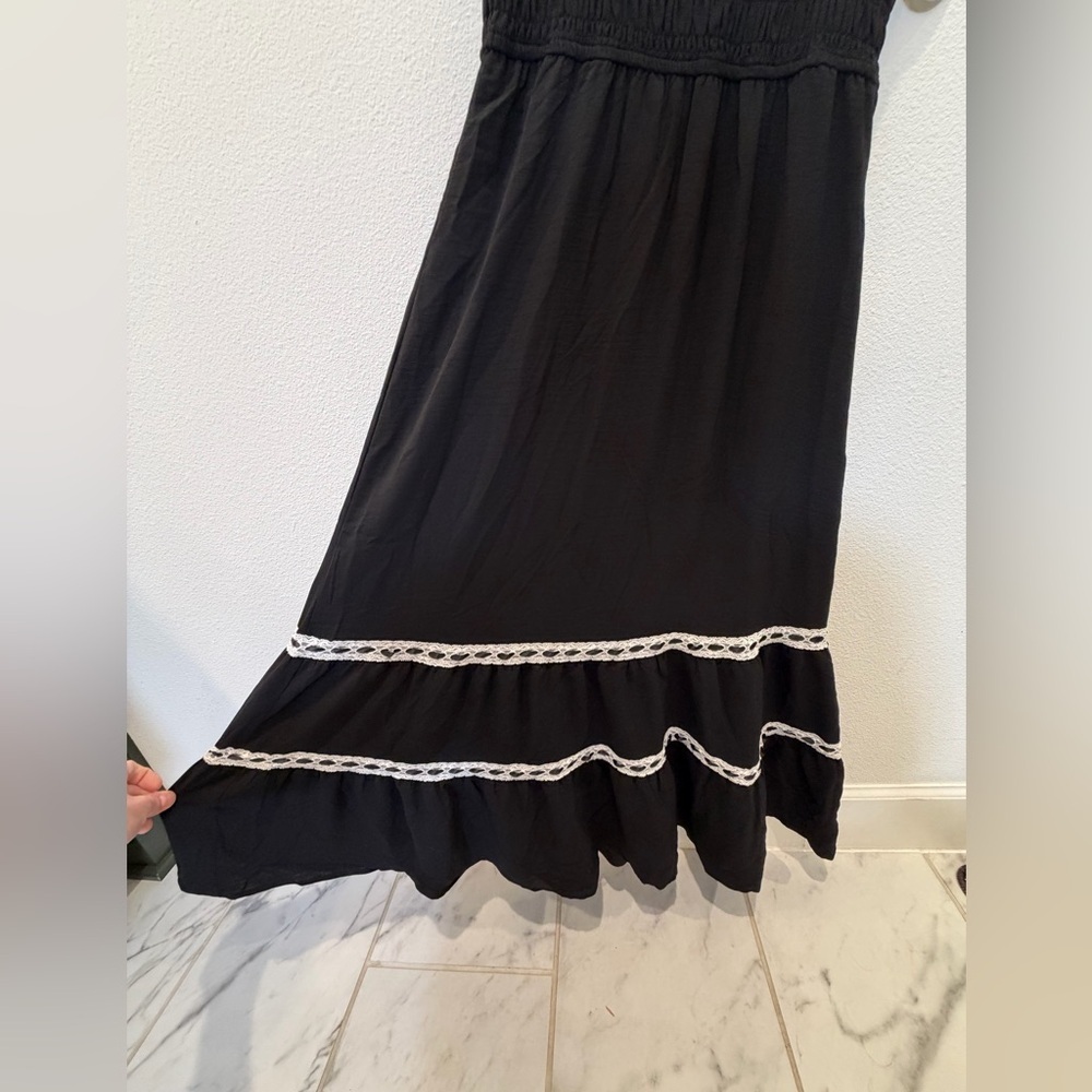 NWT Signify Black Smocked Maxi Dress Coquette Boho Ribbon & Lace Tiered Sundress - Picture 6 of 11